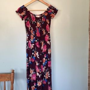Band of Gypsies maroon floral smocked wide leg jumpsuit, size small